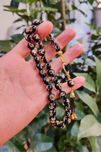 10 mm Altın Varaklı Pleksi Glass Uçak Camı Tesbih - Altın Parçacıklı Tespih - Siyah Küre - 4
