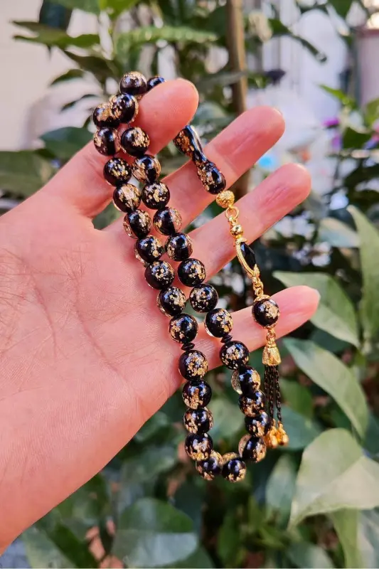 10 mm Altın Varaklı Pleksi Glass Uçak Camı Tesbih - Altın Parçacıklı Tespih - Siyah Küre - 4