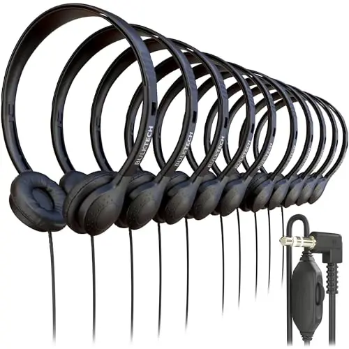 10 Pack Bulk Wired On-Ear Leather Headphones with 3.5mm Connector and Remote Control for Volume, Black - BULKTECH