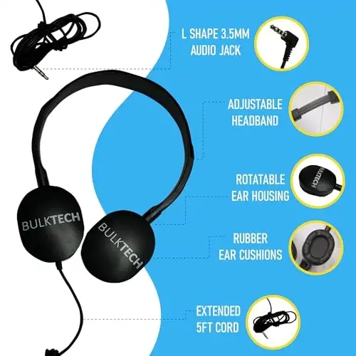 10 Pack Bulk Wired On-Ear Rubber Headphones with 3.5mm Connector, Multi - 5