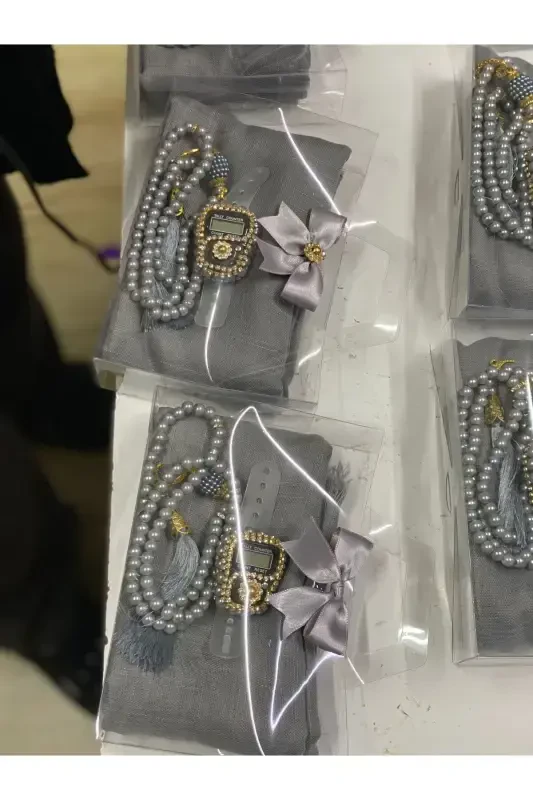 10-Pack Women's Umrah, Hajj Gift Set, Cotton Tülbent, Glass Pearl Rosary, Stone Zikirmatik-Gray - 1