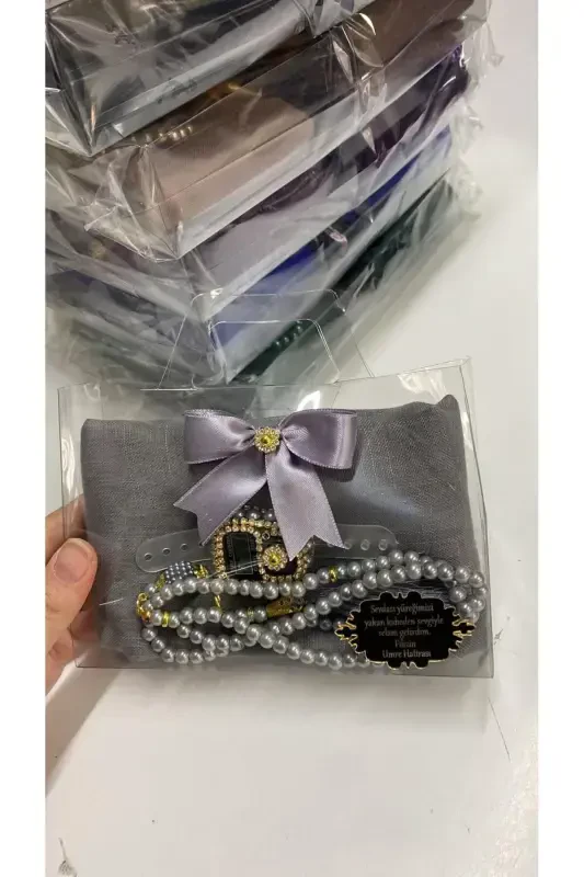 10-Pack Women's Umrah, Hajj Gift Set, Cotton Tülbent, Glass Pearl Rosary, Stone Zikirmatik-Gray - 5