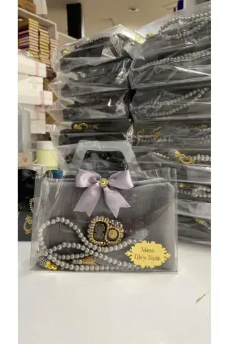 10-Pack Women's Umrah, Hajj Gift Set, Cotton Tülbent, Glass Pearl Rosary, Stone Zikirmatik-Gray - 6