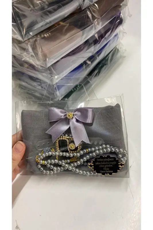 10-Pack Women's Umrah, Hajj Gift Set, Cotton Tülbent, Glass Pearl Rosary, Stone Zikirmatik-Gray - 5