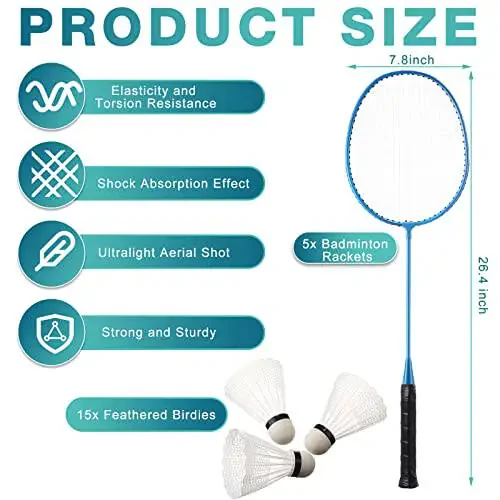 10 Packs Badminton Rackets Set with 15 Badminton Shuttlecocks Birdies Badminton Racquets for Adult and Lightweight Teenagers Badminton Set for Backyard Gym Beach Outdoor Games, 5 Colors - 2