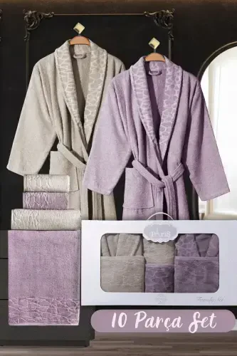 10 Parça Aile Seti Kadın & Erkek Bornoz Takımı - Leopar-Bej - 1