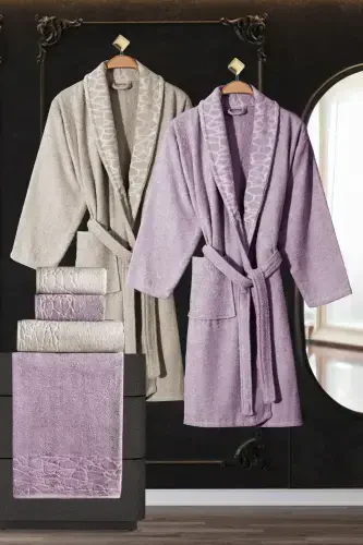 10 Parça Aile Seti Kadın & Erkek Bornoz Takımı - Leopar-Bej - MISS PARIS HOME (1)