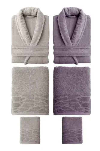 10 Parça Aile Seti Kadın & Erkek Bornoz Takımı - Leopar-Bej - 3