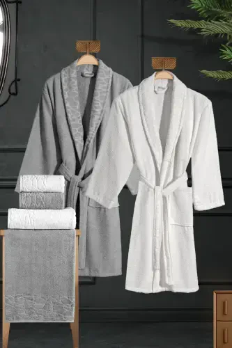 10 Parça Aile Seti Kadın & Erkek Bornoz Takımı - Leopar-Gri - MISS PARIS HOME (1)