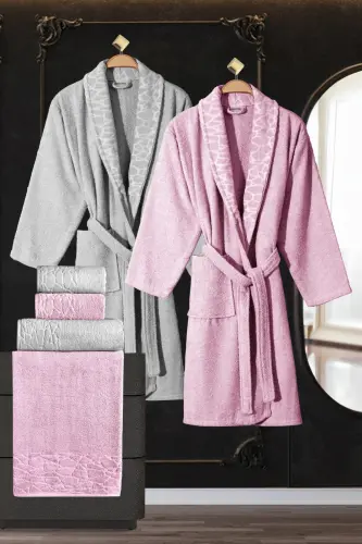 10 Parça Aile Seti Kadın & Erkek Bornoz Takımı - Leopar-Gri - MISS PARIS HOME (1)