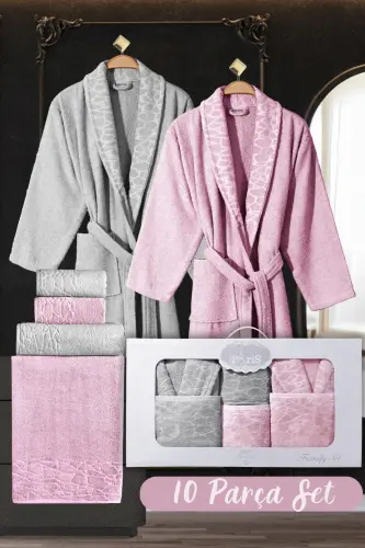 10 Parça Aile Seti Kadın & Erkek Bornoz Takımı - Leopar-Gri - 1