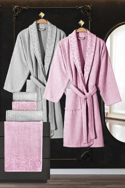 10 Parça Aile Seti Kadın & Erkek Bornoz Takımı - Leopar-Gri - 2