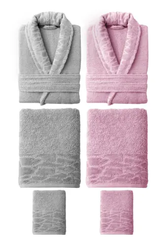 10 Parça Aile Seti Kadın & Erkek Bornoz Takımı - Leopar-Gri - 3