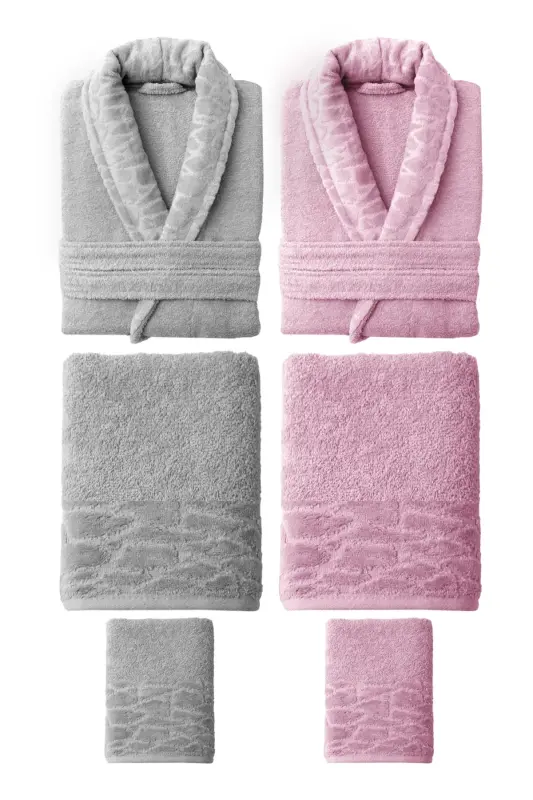 10 Parça Aile Seti Kadın & Erkek Bornoz Takımı - Leopar-Gri - 3