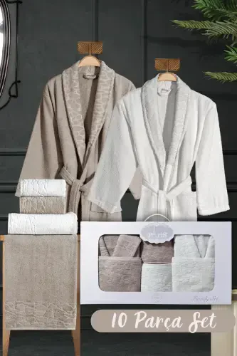 10 Parça Aile Seti Kadın & Erkek Bornoz Takımı - Leopar-Kahve - 1