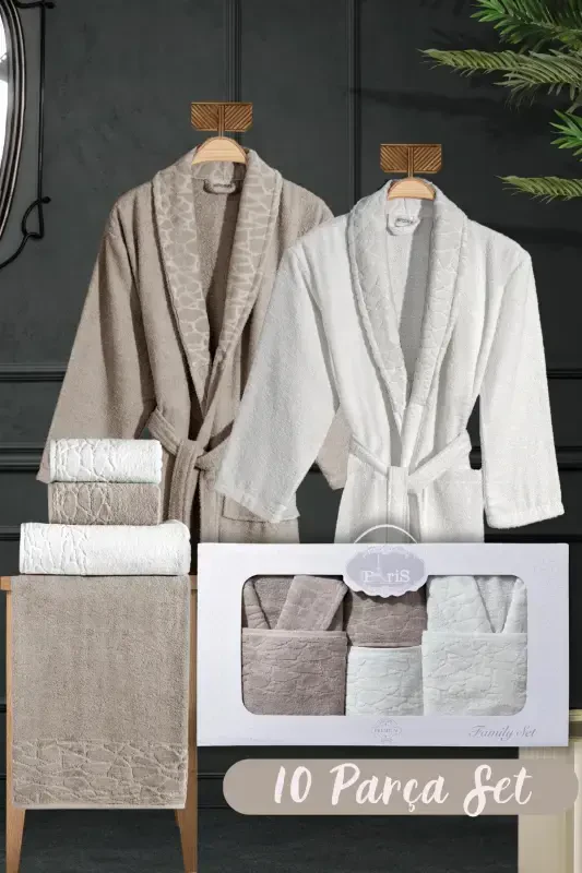 10 Parça Aile Seti Kadın & Erkek Bornoz Takımı - Leopar-Kahve - 1