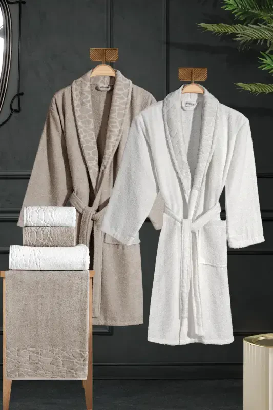 10 Parça Aile Seti Kadın & Erkek Bornoz Takımı - Leopar-Kahve - 2