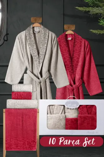 10 Parça Aile Seti Kadın & Erkek Bornoz Takımı - Leopar-Kahve - 1