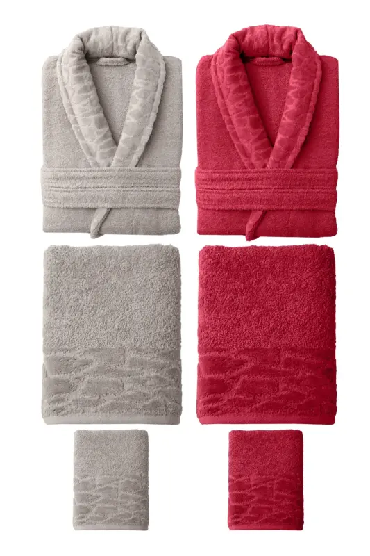 10 Parça Aile Seti Kadın & Erkek Bornoz Takımı - Leopar-Kahve - 3