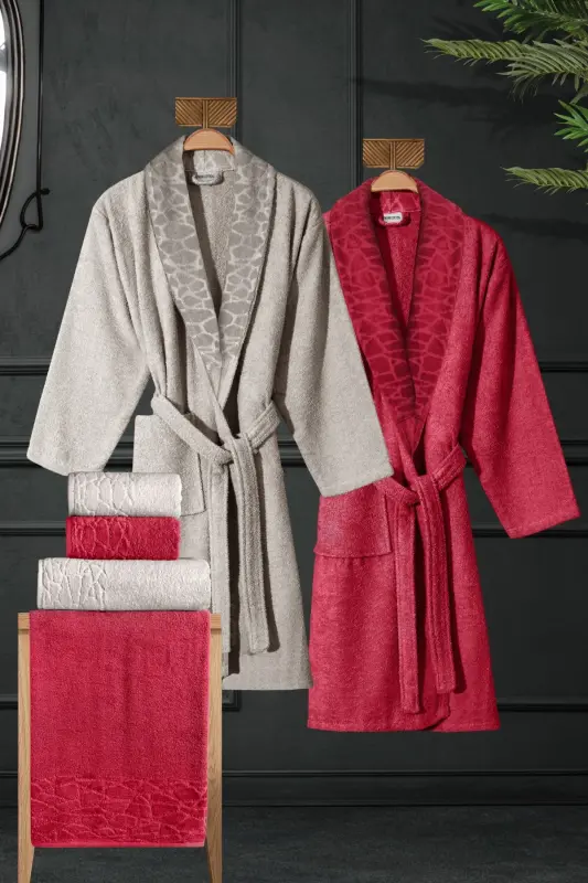 10 Parça Aile Seti Kadın & Erkek Bornoz Takımı - Leopar-Kahve - 2