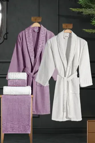 10 Parça Aile Seti Kadın & Erkek Bornoz Takımı - Leopar-Mürdüm - MISS PARIS HOME (1)