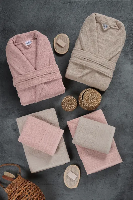 10 Parça Aile Seti Kadın & Erkek Bornoz Takımı | Yumuşak, Emici | Modern Tasarım | Lüks ve Konforlu-Kahverengi - 1