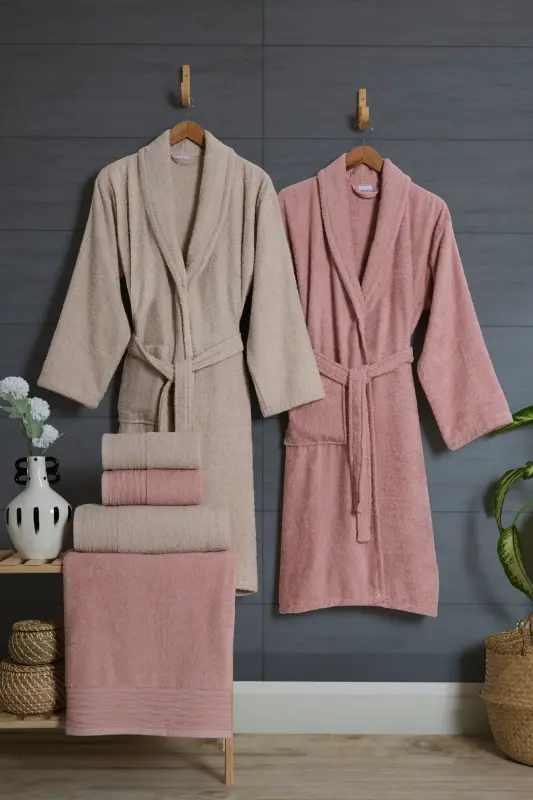 10 Parça Aile Seti Kadın & Erkek Bornoz Takımı | Yumuşak, Emici | Modern Tasarım | Lüks ve Konforlu-Kahverengi - 2