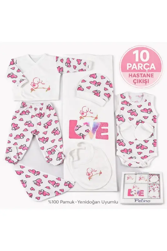 10 Parça LOVE %100 Pamuk Yenidoğan Hastane Çıkış Kız Bebek Seti Fuji-fuji - PETINO