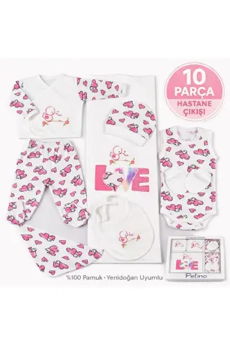 10 Parça LOVE %100 Pamuk Yenidoğan Hastane Çıkış Kız Bebek Seti Fuji-fuji - 1