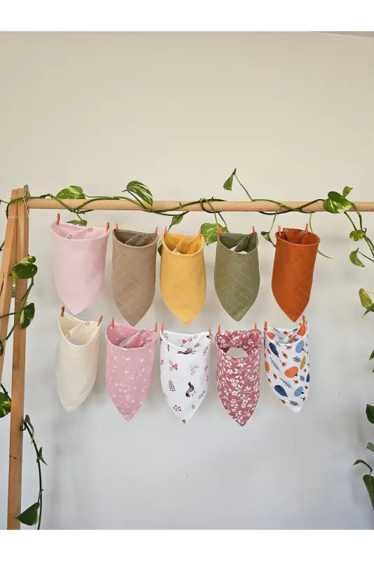 10 Pcs 100% Organic Cotton Double Layer Two Snap Muslin Baby Girl Bibs & Drool Bibs - 3BABY