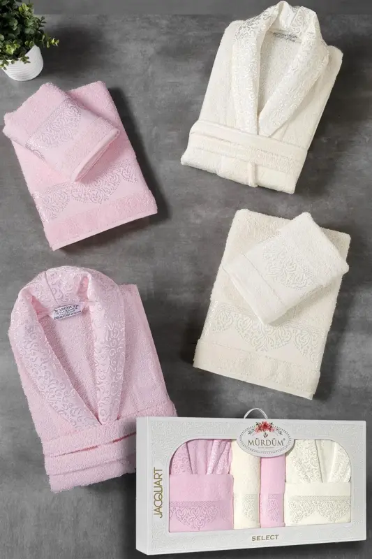 10 Pcs Boxed Jacquard Patterned Bathrobe Set Bathrobe Set Dowry Set-CREAM - 1
