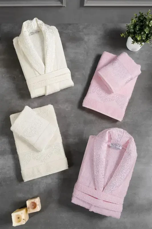 10 Pcs Boxed Jacquard Patterned Bathrobe Set Bathrobe Set Dowry Set-CREAM - 2