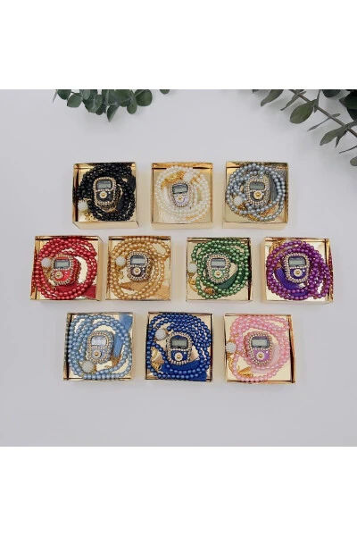 10 Pcs Gift Dowry Gold Boxed Tasbeeh and Jeweled Zikirmatik Set (Mevlit-Sunnah-Hajj-Umrah) - LENATOPTAN