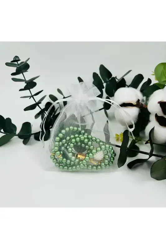 10 Pcs Green Favor Tulle Bag Pearl Rosary (MEVLID-HAJJ-UMRAH-CIRCUMCISION)-EMERALD GREEN - 1