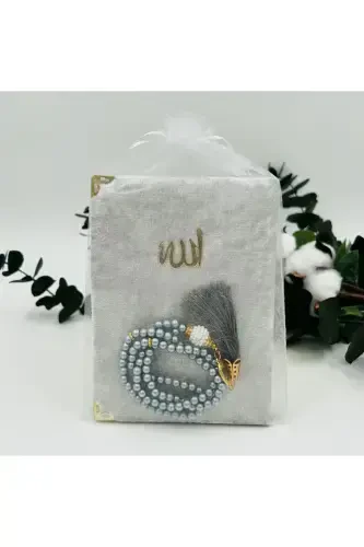 10 Pcs Grey Favored Tulle Pouch Velvet Yaseen Book And Pearl Rosary Set (Mawlid-Circumcision-Hajj-Umrah)-GREY - LENAGIFTWORKSHOP (1)