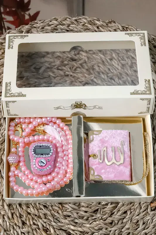 10 Pcs - Rhinestone Zikirmatik Rosary TesbiModazoneatik Velvet Covered Mini Quran 99 Pearl Rosary Set-Pink - 3
