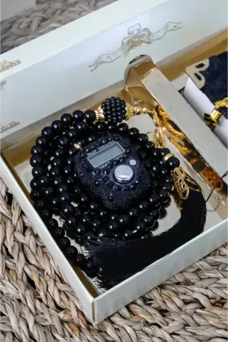 10 Pcs - Stone Rosary TesbiModazoneatik Velvet Covered Mini Quran 99 Pearl Rosary Set-Black - 7