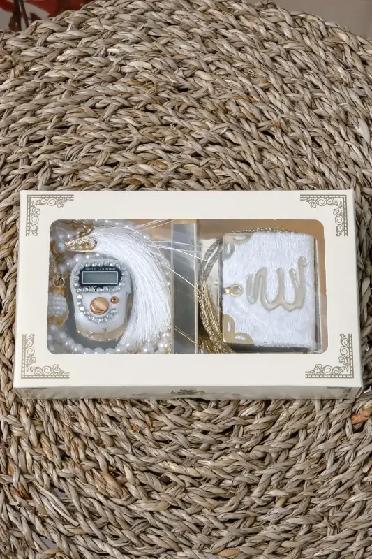 10 Pcs - Stone Rosary TesbiModazoneatik Velvet Covered Mini Quran 99 Pearl Rosary Set-White - 6