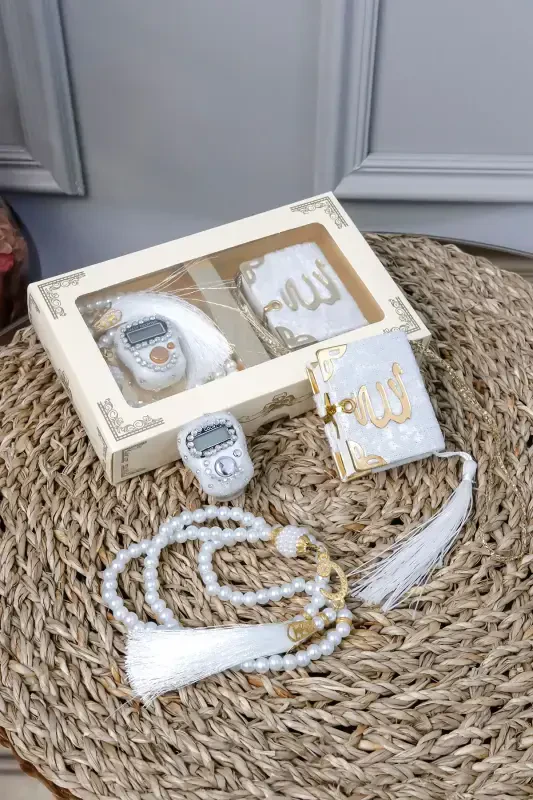 10 Pcs - Stone Rosary TesbiModazoneatik Velvet Covered Mini Quran 99 Pearl Rosary Set-White - HAC UMRE HEDIYELIK