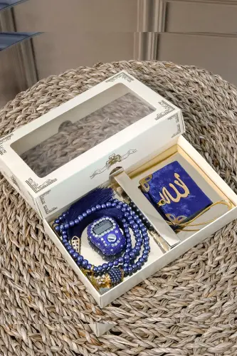 10 Pcs - Stoned Zikrmatic Rosary Modazone Velvet Covered Mini Quran 99-Beaded Pearl Rosary Set - Navy Blue - HUH HAC & UMRE HEDIYELIK (1)