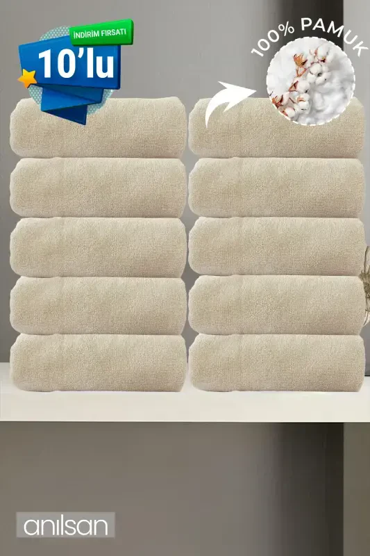 10-Piece Beige Hand Towel - 50x90 Cm, 225 Gr, 100% Cotton, Spa & Hotel Towel, Suitable for Daily Use - Beige - 1