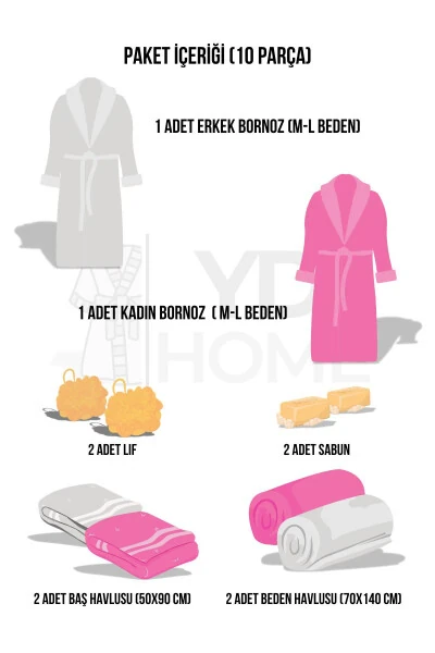 10-Piece Family Set Embroidered Pompom Bathrobe Set for Women & Men - 3