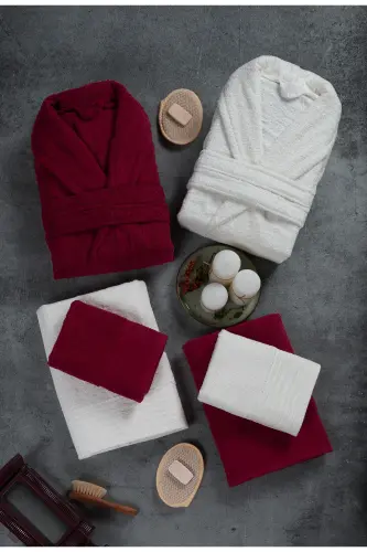 10 Piece Family Set Women's & Men's Bathrobe Set | Soft, Absorbent | Modern Design-Burgundy - 1