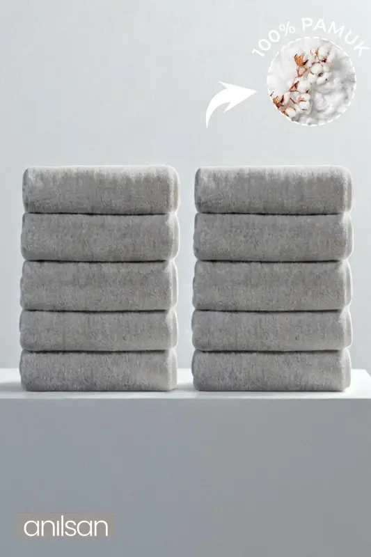 10-Piece Grey Hand Towel - 50x90 Cm, 225 Gr, 100% Cotton, Spa & Hotel Towel, Suitable for Daily Use-Grey - 7