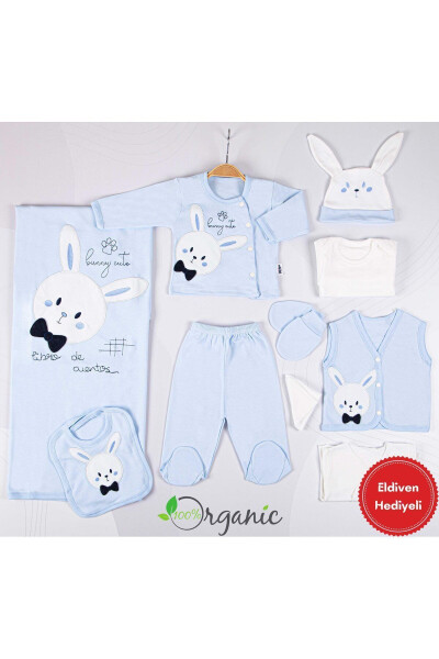 10 Piece Organic Newborn Baby Hospital Discharge Set with Bow Tie Rabbit Embroidery - Blue for Boys - 8