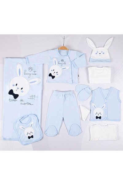 10 Piece Organic Newborn Baby Hospital Discharge Set with Bow Tie Rabbit Embroidery - Blue for Boys - 9