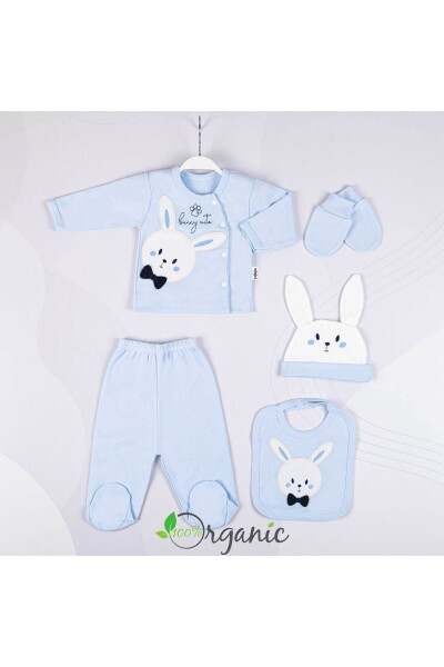 10 Piece Organic Newborn Baby Hospital Discharge Set with Bow Tie Rabbit Embroidery - Blue for Boys - 10