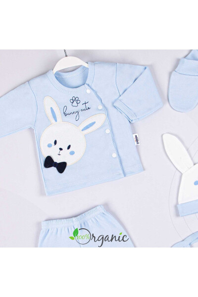 10 Piece Organic Newborn Baby Hospital Discharge Set with Bow Tie Rabbit Embroidery - Blue for Boys - 11