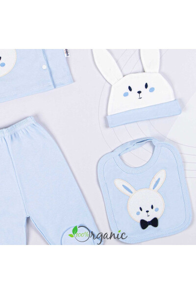 10 Piece Organic Newborn Baby Hospital Discharge Set with Bow Tie Rabbit Embroidery - Blue for Boys - 12