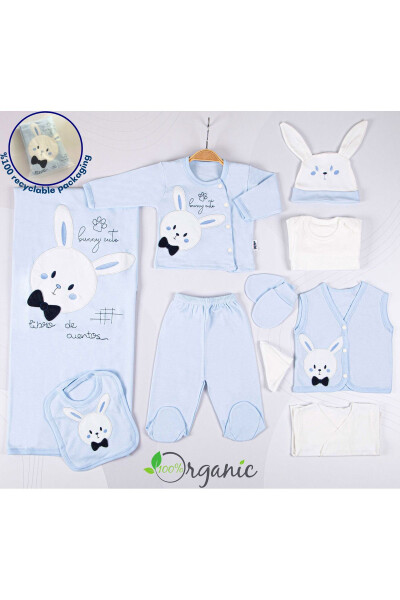 10 Piece Organic Newborn Baby Hospital Discharge Set with Bow Tie Rabbit Embroidery - Blue for Boys - 1